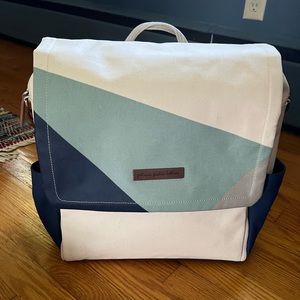 Petunia Pickle Bottom Abundance Boxy Backpack Diaper Bag cream, navy, and teal